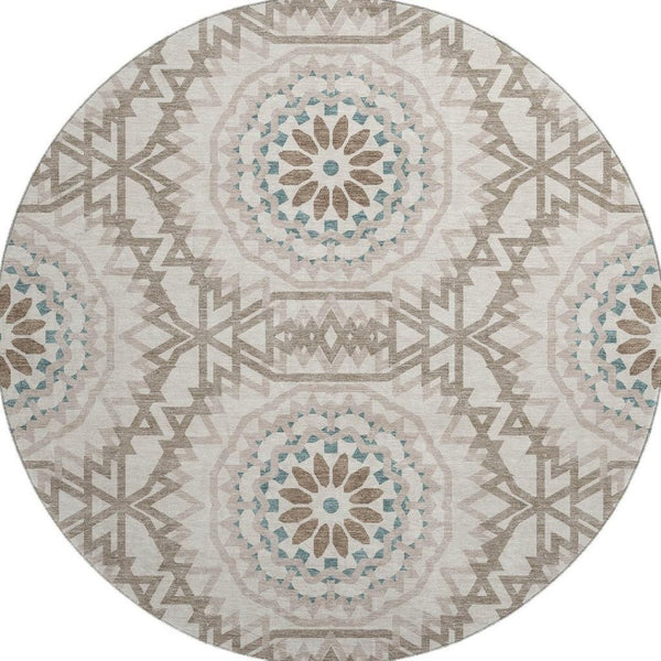 HomeRoots 8' Washable Round Rug in Beige, Teal & Brown - Durable, Stain Resistant, UV Protected for High-Traffic Areas 652188
