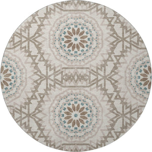HomeRoots 8' Washable Round Rug in Beige, Teal & Brown - Durable, Stain Resistant, UV Protected for High-Traffic Areas 652188