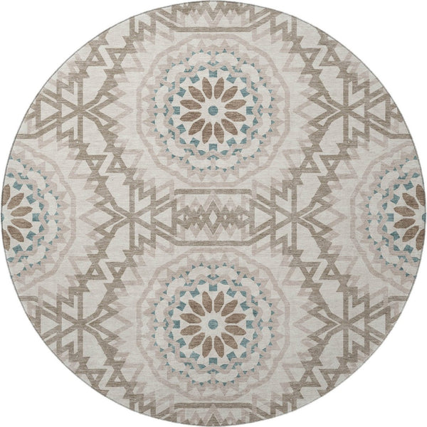 HomeRoots 8' Washable Round Rug in Beige, Teal & Brown - Durable, Stain Resistant, UV Protected for High-Traffic Areas 652188