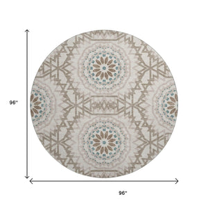 HomeRoots 8' Washable Round Rug in Beige, Teal & Brown - Durable, Stain Resistant, UV Protected for High-Traffic Areas 652188