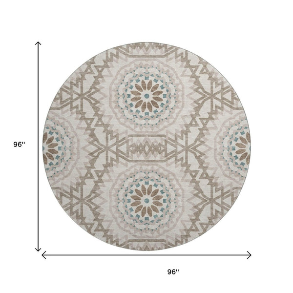 HomeRoots 8' Washable Round Rug in Beige, Teal & Brown - Durable, Stain Resistant, UV Protected for High-Traffic Areas 652188