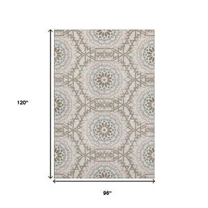 HomeRoots 8' X 10' Beige, Teal & Brown Geometric Area Rug - Washable, UV Protected, Pet-Friendly Design! 652189