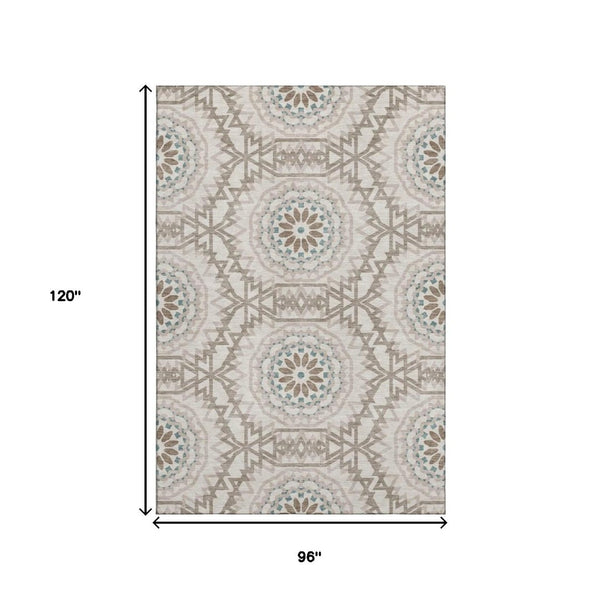 HomeRoots 8' X 10' Beige, Teal & Brown Geometric Area Rug - Washable, UV Protected, Pet-Friendly Design! 652189