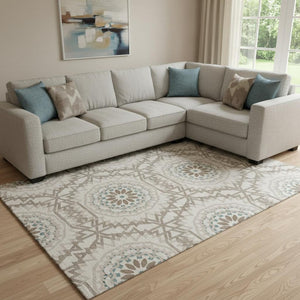 HomeRoots 8' X 10' Beige, Teal & Brown Geometric Area Rug - Washable, UV Protected, Pet-Friendly Design! 652189