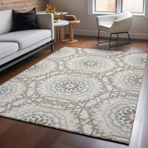 HomeRoots 8' X 10' Beige, Teal & Brown Geometric Area Rug - Washable, UV Protected, Pet-Friendly Design! 652189