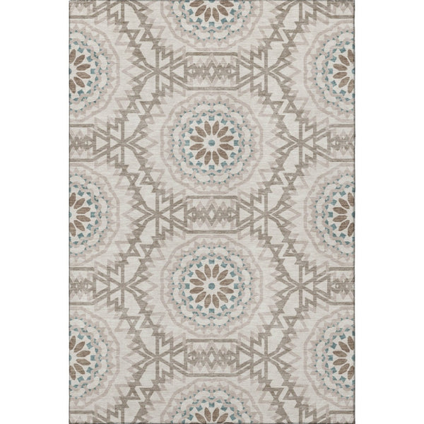 HomeRoots 8' X 10' Beige, Teal & Brown Geometric Area Rug - Washable, UV Protected, Pet-Friendly Design! 652189