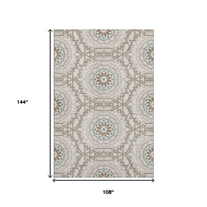 HomeRoots 9' X 12' Stylish Beige, Teal & Brown Geometric Washable Area Rug with UV Fade Protection & Durability 652190