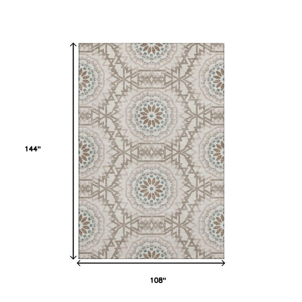 HomeRoots 9' X 12' Stylish Beige, Teal & Brown Geometric Washable Area Rug with UV Fade Protection & Durability 652190