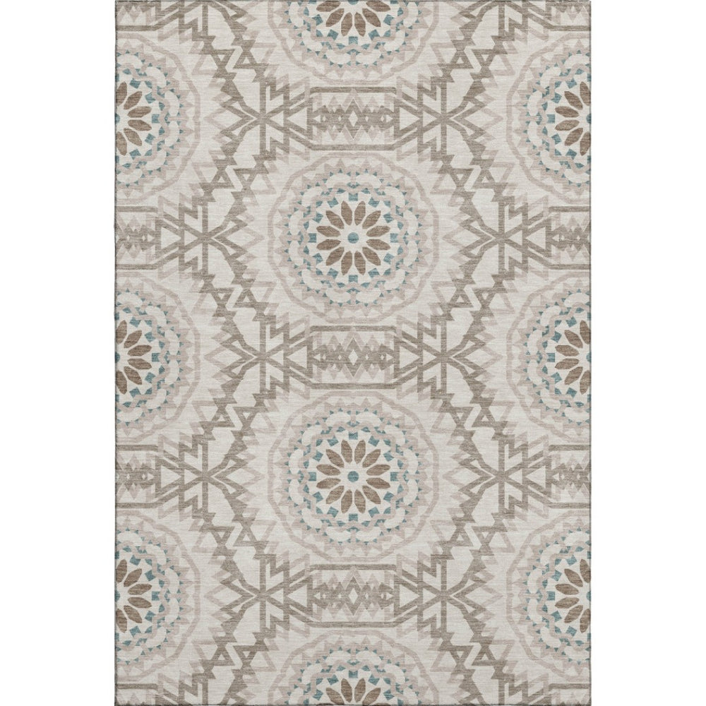 HomeRoots 9' X 12' Stylish Beige, Teal & Brown Geometric Washable Area Rug with UV Fade Protection & Durability 652190