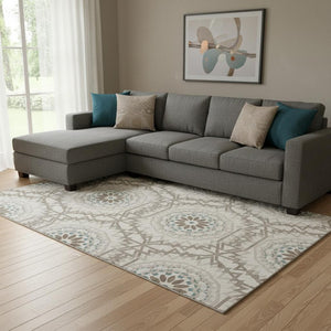 HomeRoots 9' X 12' Stylish Beige, Teal & Brown Geometric Washable Area Rug with UV Fade Protection & Durability 652190
