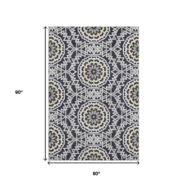 HomeRoots 5' X 8' Washable Black Ivory & Gold Geometric Area Rug with UV Protection for Modern Spaces 652193