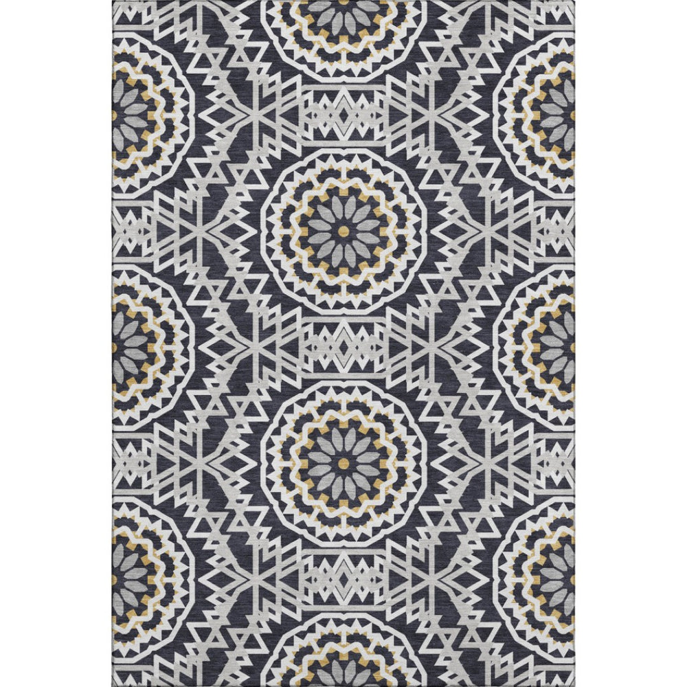 HomeRoots 5' X 8' Washable Black Ivory & Gold Geometric Area Rug with UV Protection for Modern Spaces 652193