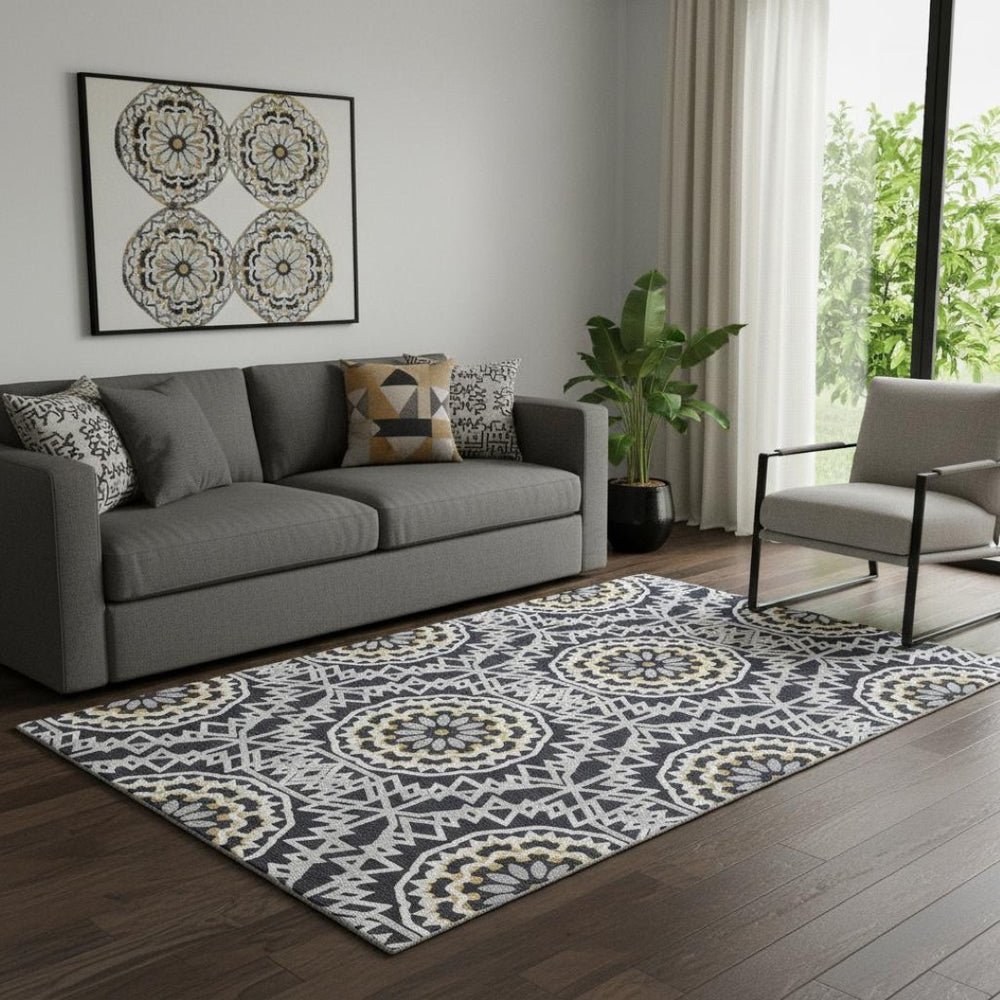 HomeRoots 5' X 8' Washable Black Ivory & Gold Geometric Area Rug with UV Protection for Modern Spaces 652193