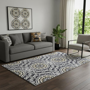 HomeRoots 5' X 8' Washable Black Ivory & Gold Geometric Area Rug with UV Protection for Modern Spaces 652193