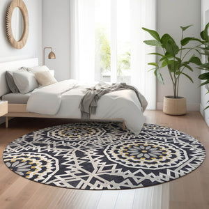HomeRoots 8' Modern Black, Ivory & Gold Geometric Washable Round Rug with UV Protection for Busy Homes 652194