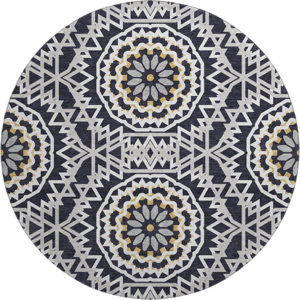 HomeRoots 8' Modern Black, Ivory & Gold Geometric Washable Round Rug with UV Protection for Busy Homes 652194
