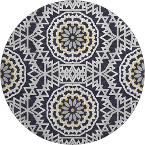 HomeRoots 8' Modern Black, Ivory & Gold Geometric Washable Round Rug with UV Protection for Busy Homes 652194