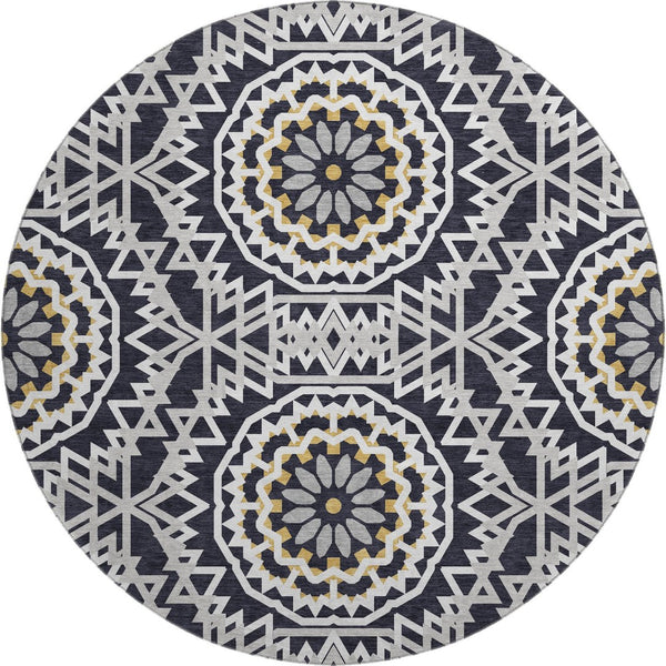 HomeRoots 8' Modern Black, Ivory & Gold Geometric Washable Round Rug with UV Protection for Busy Homes 652194