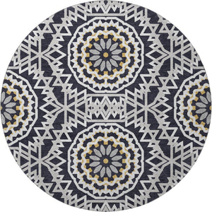 HomeRoots 8' Modern Black, Ivory & Gold Geometric Washable Round Rug with UV Protection for Busy Homes 652194
