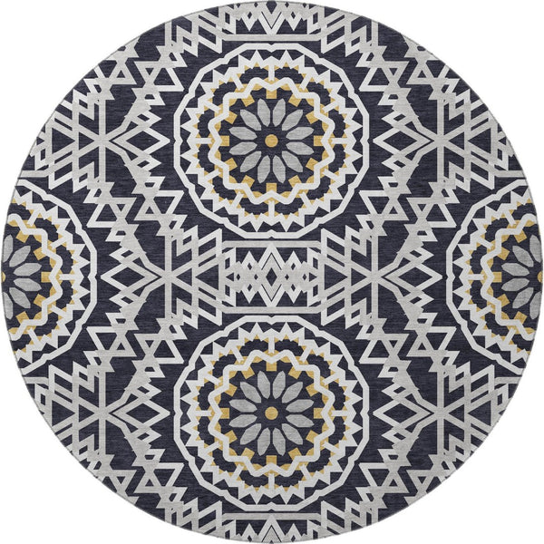 HomeRoots 8' Modern Black, Ivory & Gold Geometric Washable Round Rug with UV Protection for Busy Homes 652194