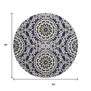 HomeRoots 8' Modern Black, Ivory & Gold Geometric Washable Round Rug with UV Protection for Busy Homes 652194