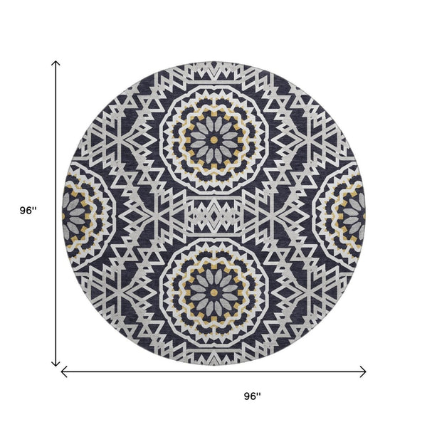 HomeRoots 8' Modern Black, Ivory & Gold Geometric Washable Round Rug with UV Protection for Busy Homes 652194
