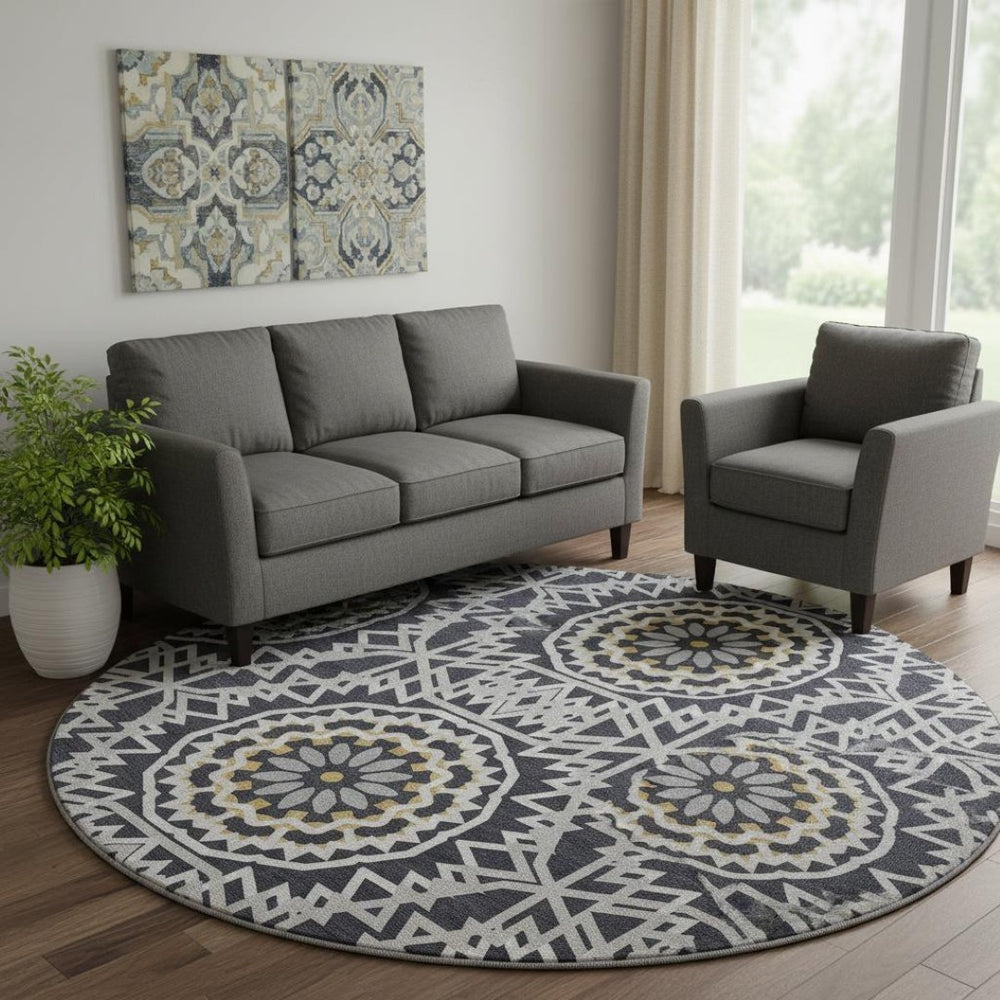 HomeRoots 8' Modern Black, Ivory & Gold Geometric Washable Round Rug with UV Protection for Busy Homes 652194