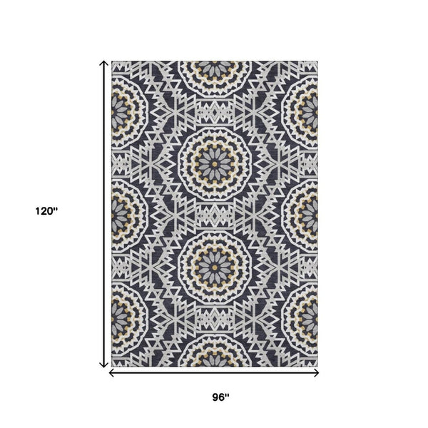 HomeRoots 8' X 10' Stylish Black, Ivory & Gold Geometric Washable Area Rug with UV Protection for Homes 652195