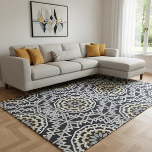 HomeRoots 8' X 10' Stylish Black, Ivory & Gold Geometric Washable Area Rug with UV Protection for Homes 652195