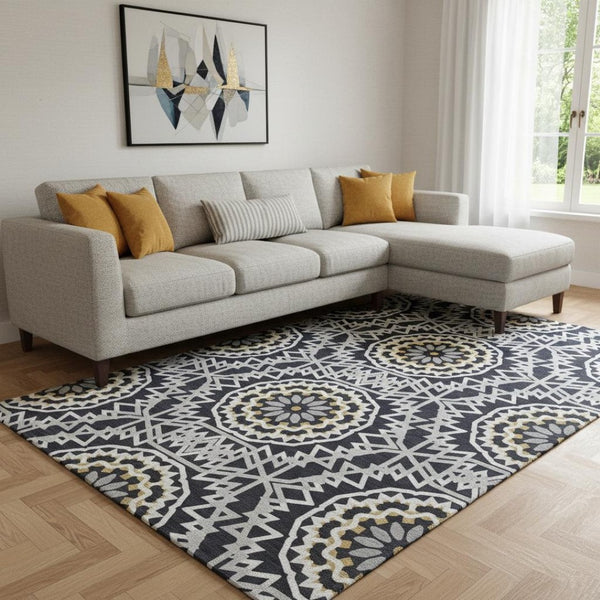HomeRoots 8' X 10' Stylish Black, Ivory & Gold Geometric Washable Area Rug with UV Protection for Homes 652195