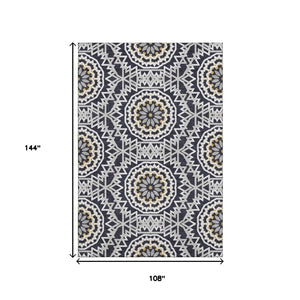 HomeRoots 9' X 12' Geometric Washable Area Rug in Black, Ivory & Gold - UV Protected for High-Traffic Spaces 652196