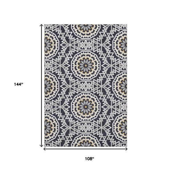 HomeRoots 9' X 12' Geometric Washable Area Rug in Black, Ivory & Gold - UV Protected for High-Traffic Spaces 652196