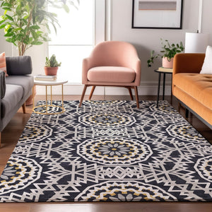 HomeRoots 9' X 12' Geometric Washable Area Rug in Black, Ivory & Gold - UV Protected for High-Traffic Spaces 652196