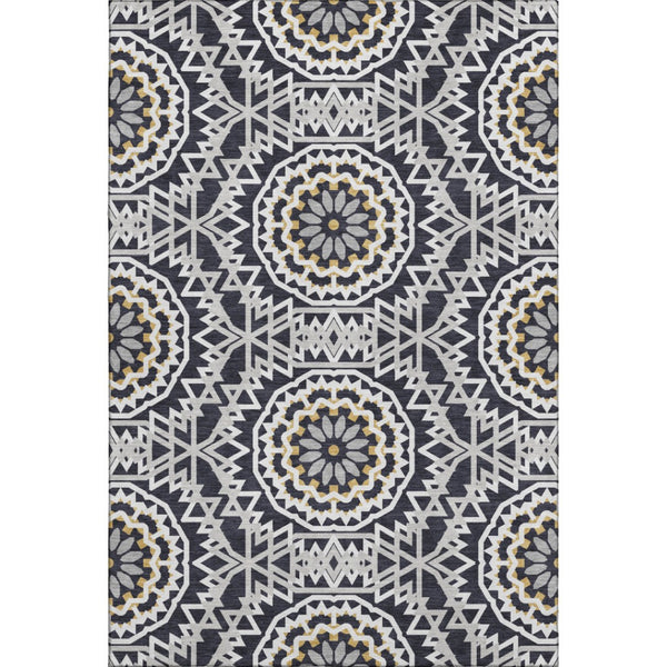 HomeRoots 9' X 12' Geometric Washable Area Rug in Black, Ivory & Gold - UV Protected for High-Traffic Spaces 652196