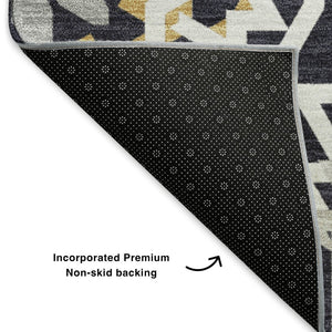 HomeRoots 9' X 12' Geometric Washable Area Rug in Black, Ivory & Gold - UV Protected for High-Traffic Spaces 652196