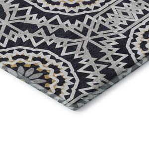 HomeRoots 9' X 12' Geometric Washable Area Rug in Black, Ivory & Gold - UV Protected for High-Traffic Spaces 652196