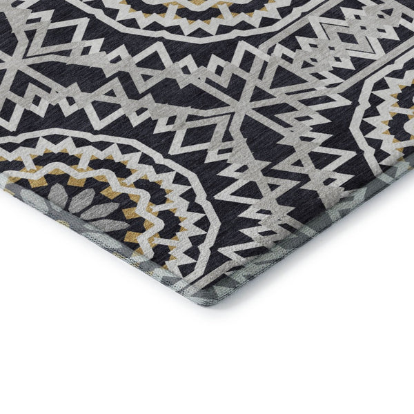 HomeRoots 9' X 12' Geometric Washable Area Rug in Black, Ivory & Gold - UV Protected for High-Traffic Spaces 652196