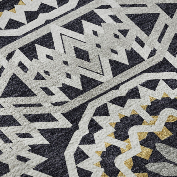 HomeRoots 9' X 12' Geometric Washable Area Rug in Black, Ivory & Gold - UV Protected for High-Traffic Spaces 652196