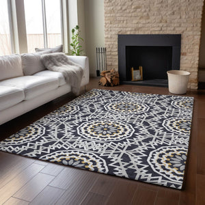 HomeRoots 9' X 12' Geometric Washable Area Rug in Black, Ivory & Gold - UV Protected for High-Traffic Spaces 652196
