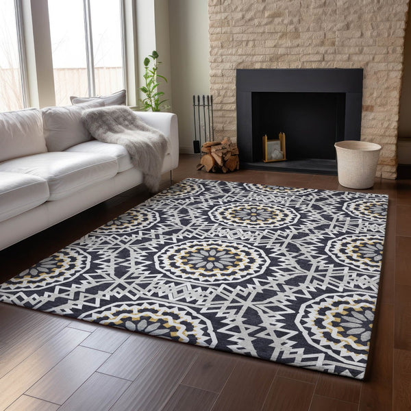 HomeRoots 9' X 12' Geometric Washable Area Rug in Black, Ivory & Gold - UV Protected for High-Traffic Spaces 652196