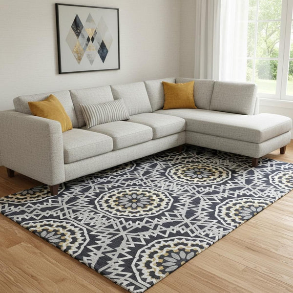 HomeRoots 9' X 12' Geometric Washable Area Rug in Black, Ivory & Gold - UV Protected for High-Traffic Spaces 652196