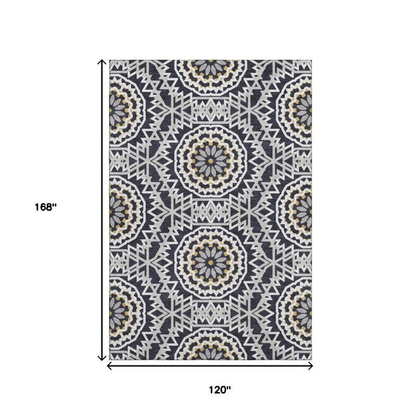 HomeRoots 10' X 14' Modern Black, Ivory & Gold Geometric Washable Area Rug with UV Protection for High-Traffic Areas 652197