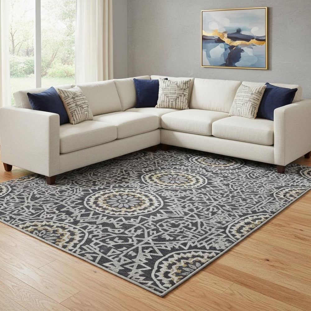 HomeRoots 10' X 14' Modern Black, Ivory & Gold Geometric Washable Area Rug with UV Protection for High-Traffic Areas 652197
