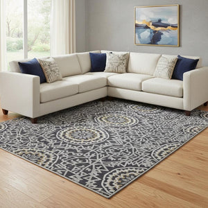 HomeRoots 10' X 14' Modern Black, Ivory & Gold Geometric Washable Area Rug with UV Protection for High-Traffic Areas 652197