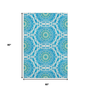 HomeRoots 5' X 8' Washable Area Rug with Modern Blue and Olive Green Geometric Design for Family Spaces 652199