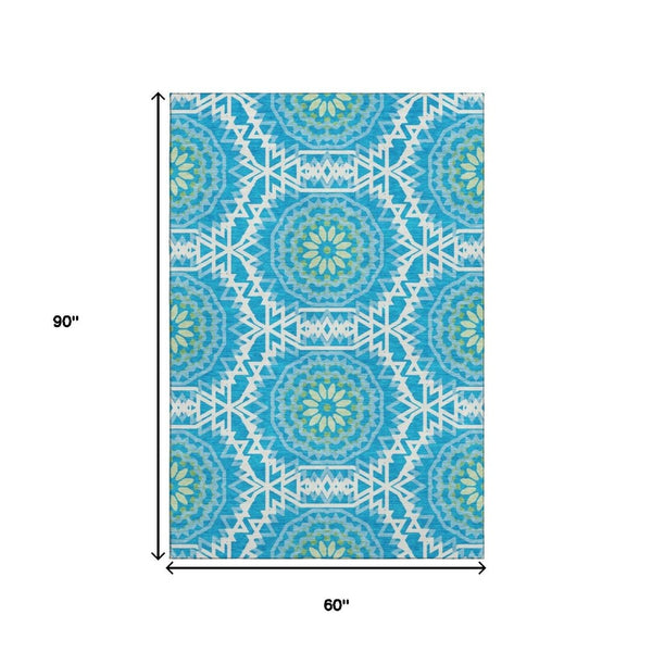 HomeRoots 5' X 8' Washable Area Rug with Modern Blue and Olive Green Geometric Design for Family Spaces 652199