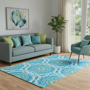 HomeRoots 5' X 8' Washable Area Rug with Modern Blue and Olive Green Geometric Design for Family Spaces 652199