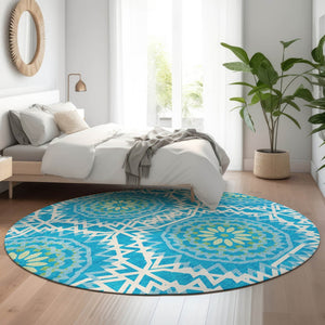 HomeRoots 8' Blue, Ivory & Olive Geometric Washable Round Rug - Durable, UV-Protected, Perfect for High-Traffic Areas! 652200