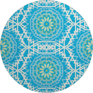 HomeRoots 8' Blue, Ivory & Olive Geometric Washable Round Rug - Durable, UV-Protected, Perfect for High-Traffic Areas! 652200