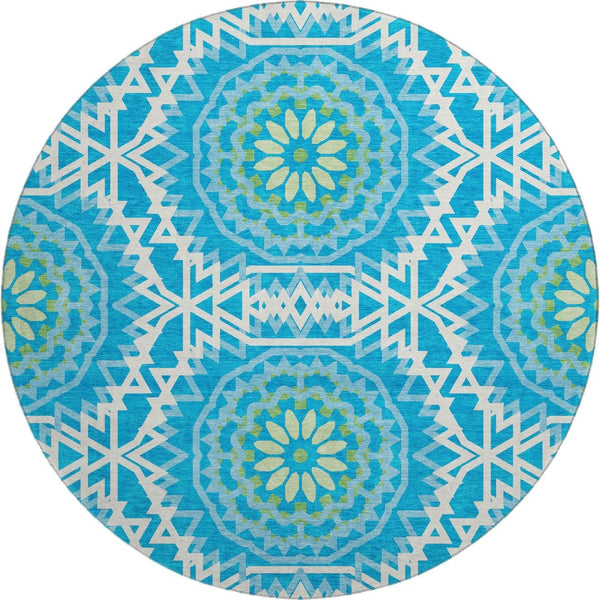 HomeRoots 8' Blue, Ivory & Olive Geometric Washable Round Rug - Durable, UV-Protected, Perfect for High-Traffic Areas! 652200